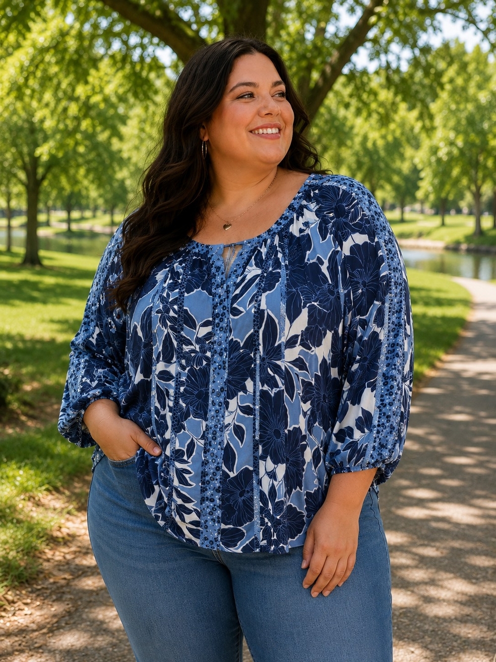 Zac & Rachel Oversized Blue Floral Button Down Balloon Sleeve Blouse. NWT